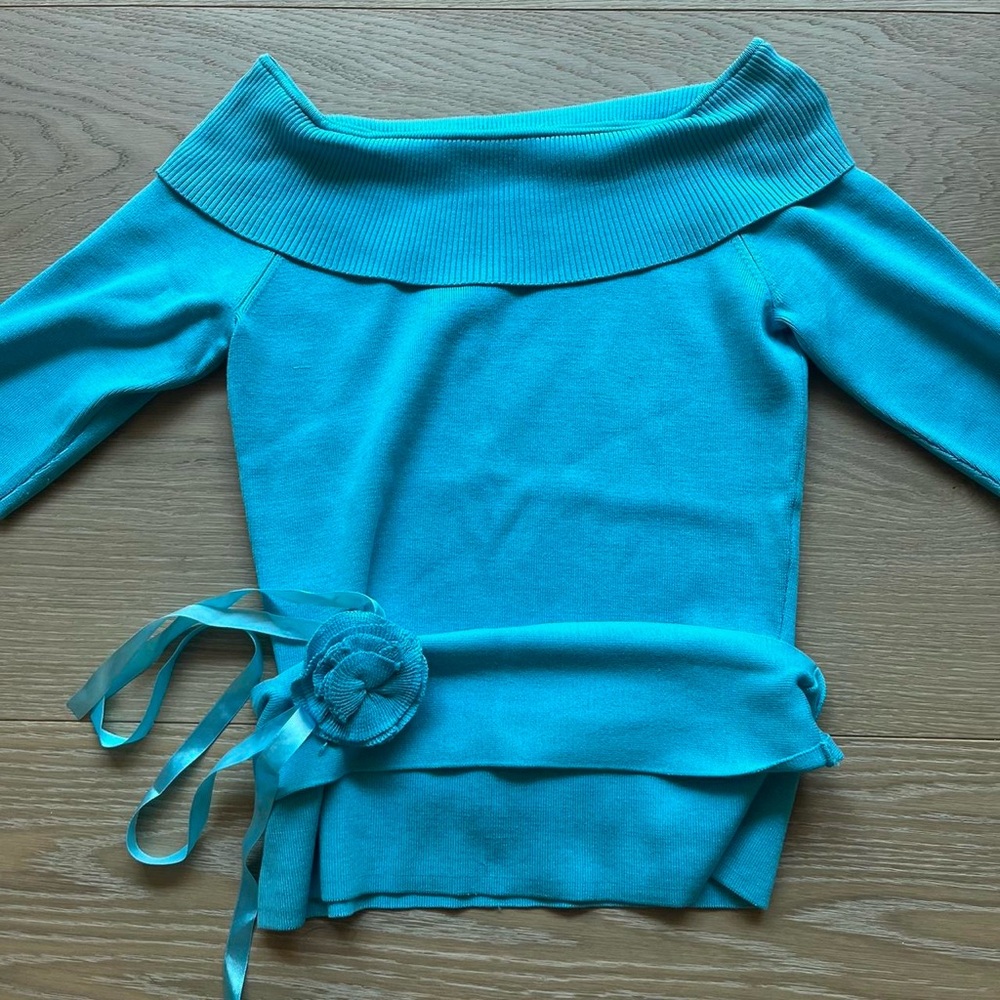 U-Knit Dresses Blue Knit Blouse with Tie Waist